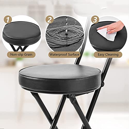 18" Folding Stool with Backrest, Leather Padded Seat, Black R145