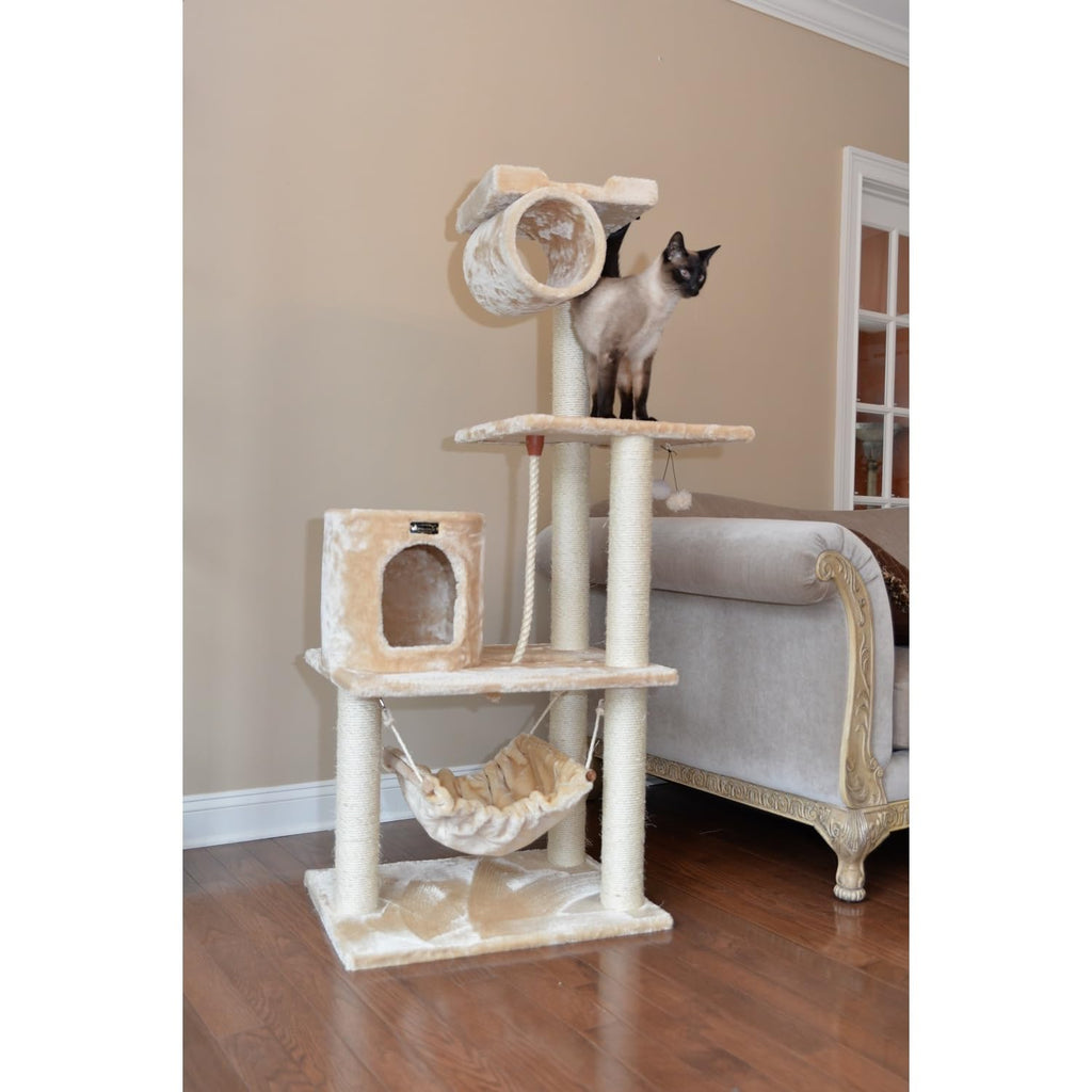 Tall 70 Inch MultiLevel Feline Activity Tower with Scratching Posts and Playhouse, Tan H321