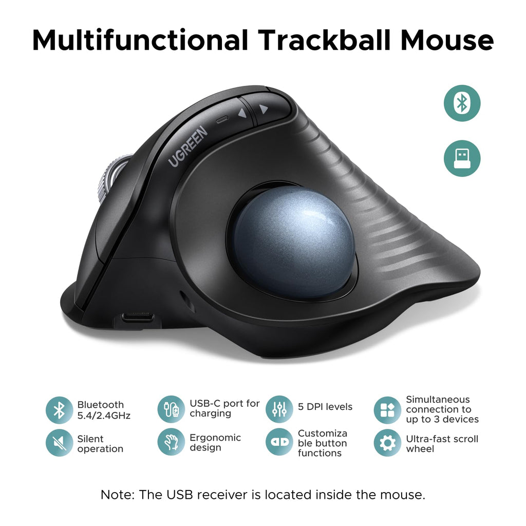 Wireless Trackball Mouse, Bluetooth & 2.4G, Thumb Control R19951
