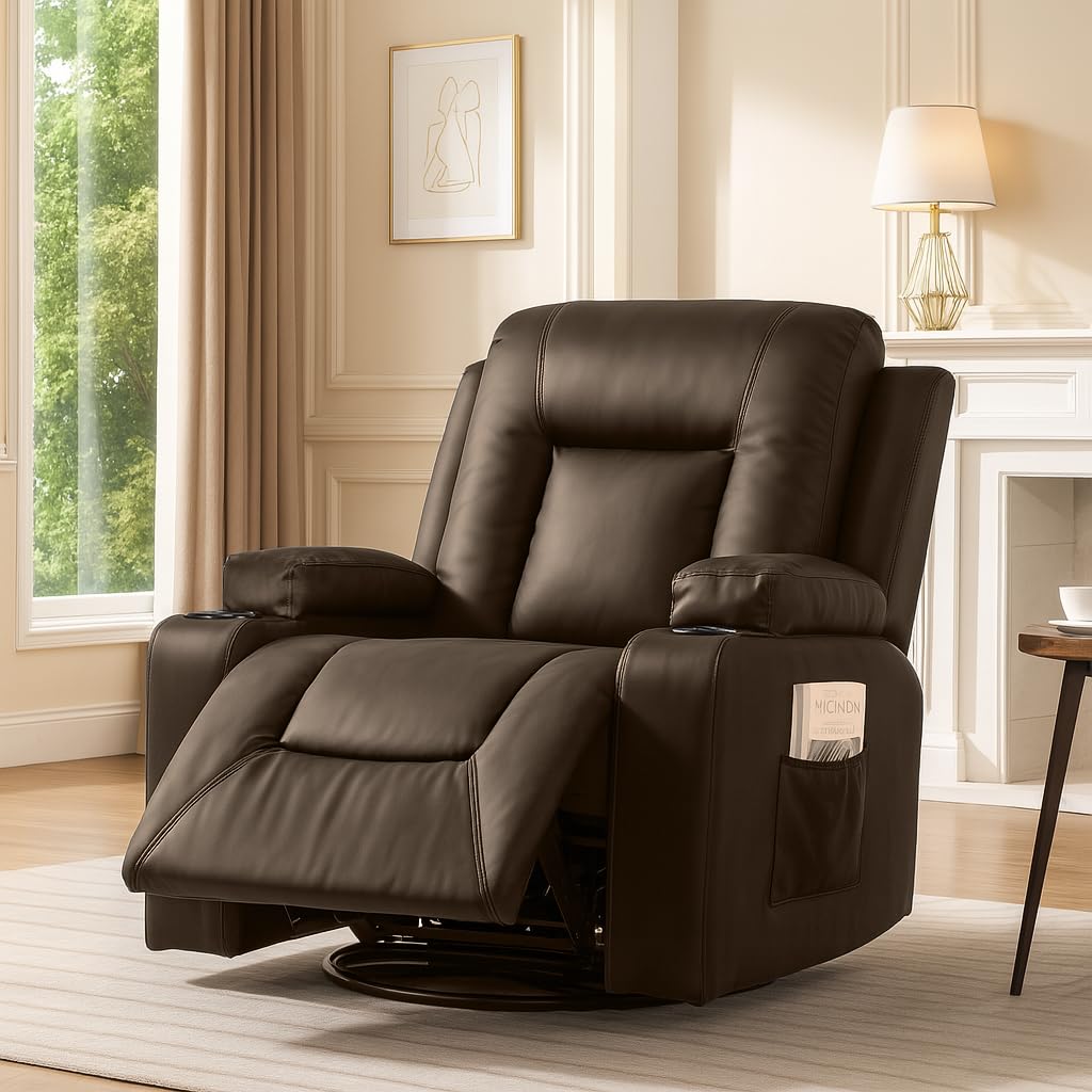Brown PU Swivel Rocking Recliner Chair with Cup Holders B797