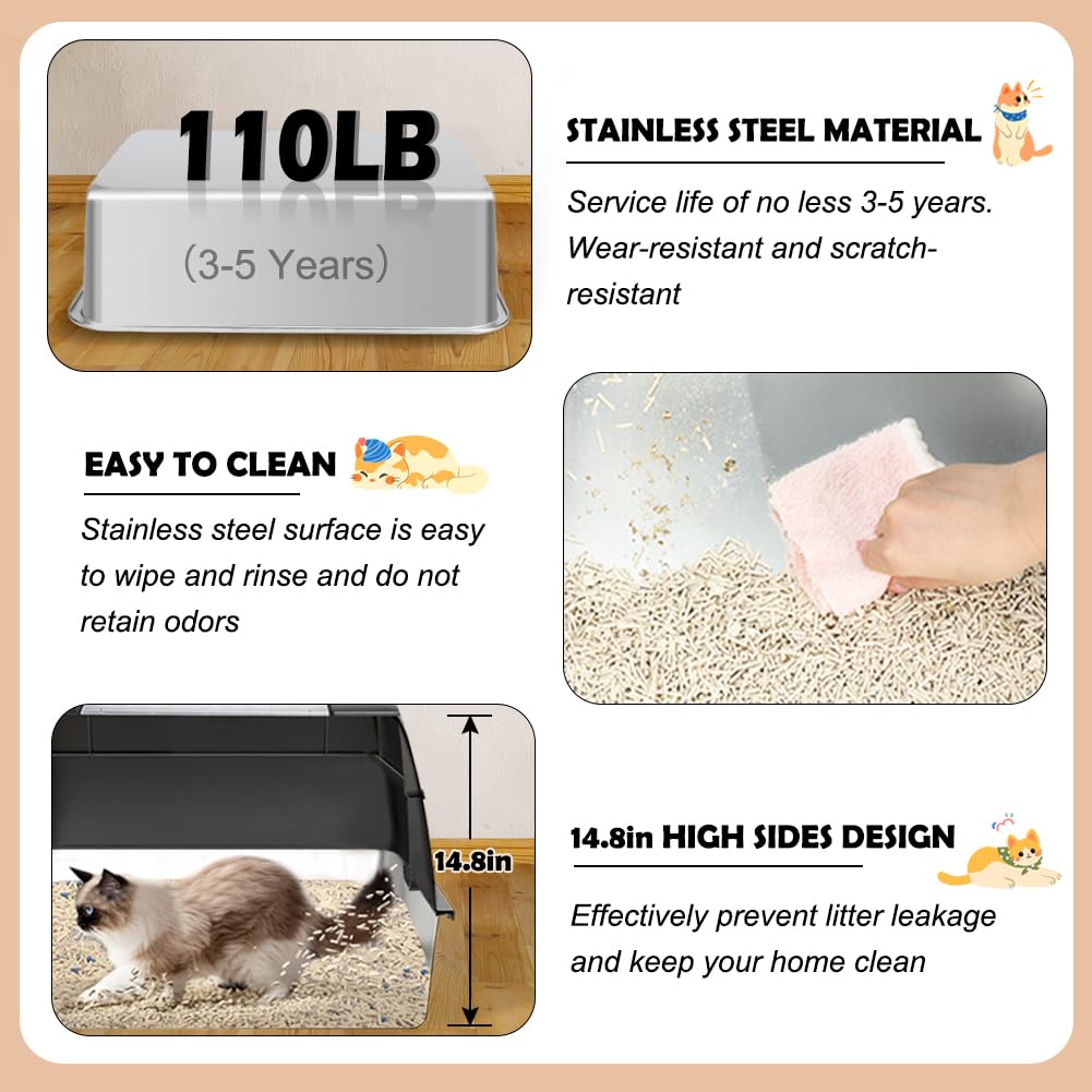 XL Stainless Steel Cat Litter Box with Lid N381