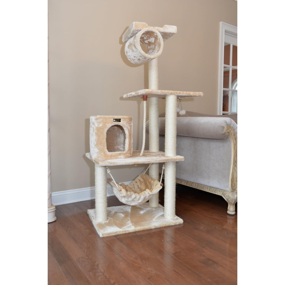 Tall 70 Inch MultiLevel Feline Activity Tower with Scratching Posts and Playhouse, Tan H321