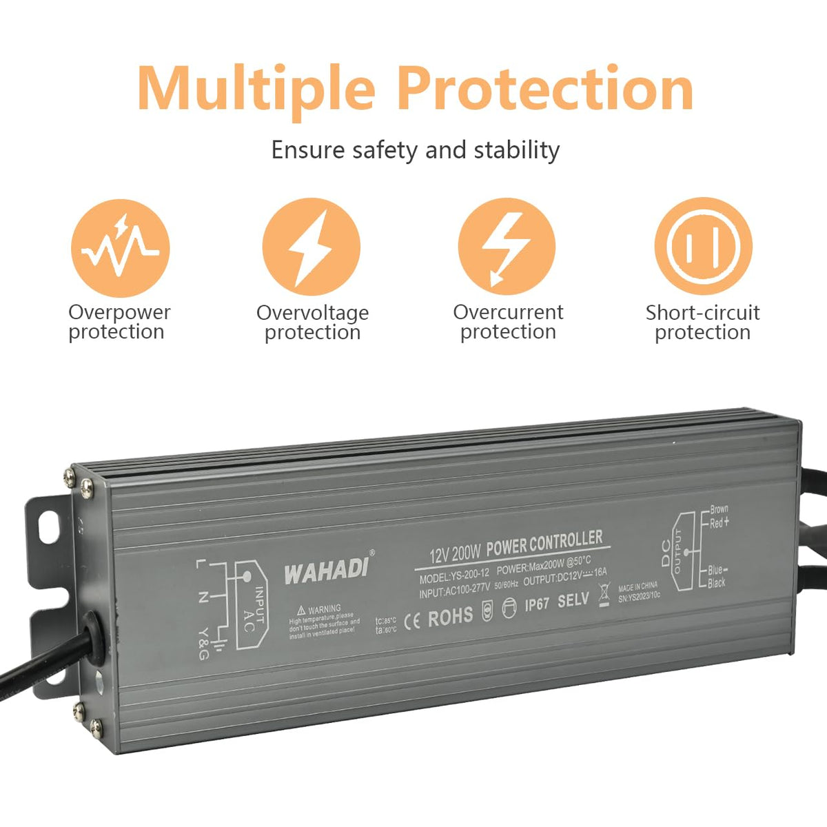 200W Waterproof LED Power Supply 100-277V AC to 12V DC Transformer B136