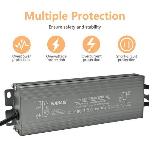 200W Waterproof LED Power Supply 100-277V AC to 12V DC Transformer B136
