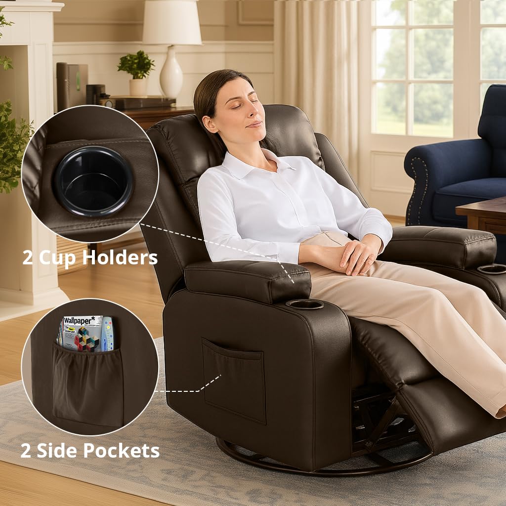 Brown PU Swivel Rocking Recliner Chair with Cup Holders B797