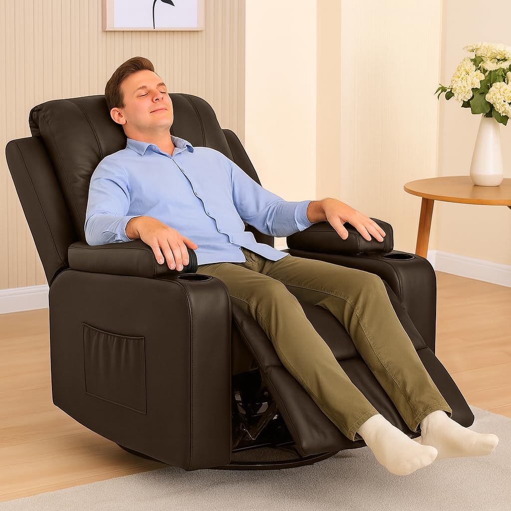 Brown PU Swivel Rocking Recliner Chair with Cup Holders B797