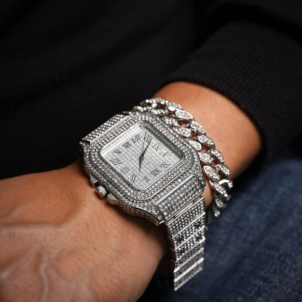 Men's Watch 18K Gold Platinum Plated 40MM Square Dial Diamond Wristband M342686