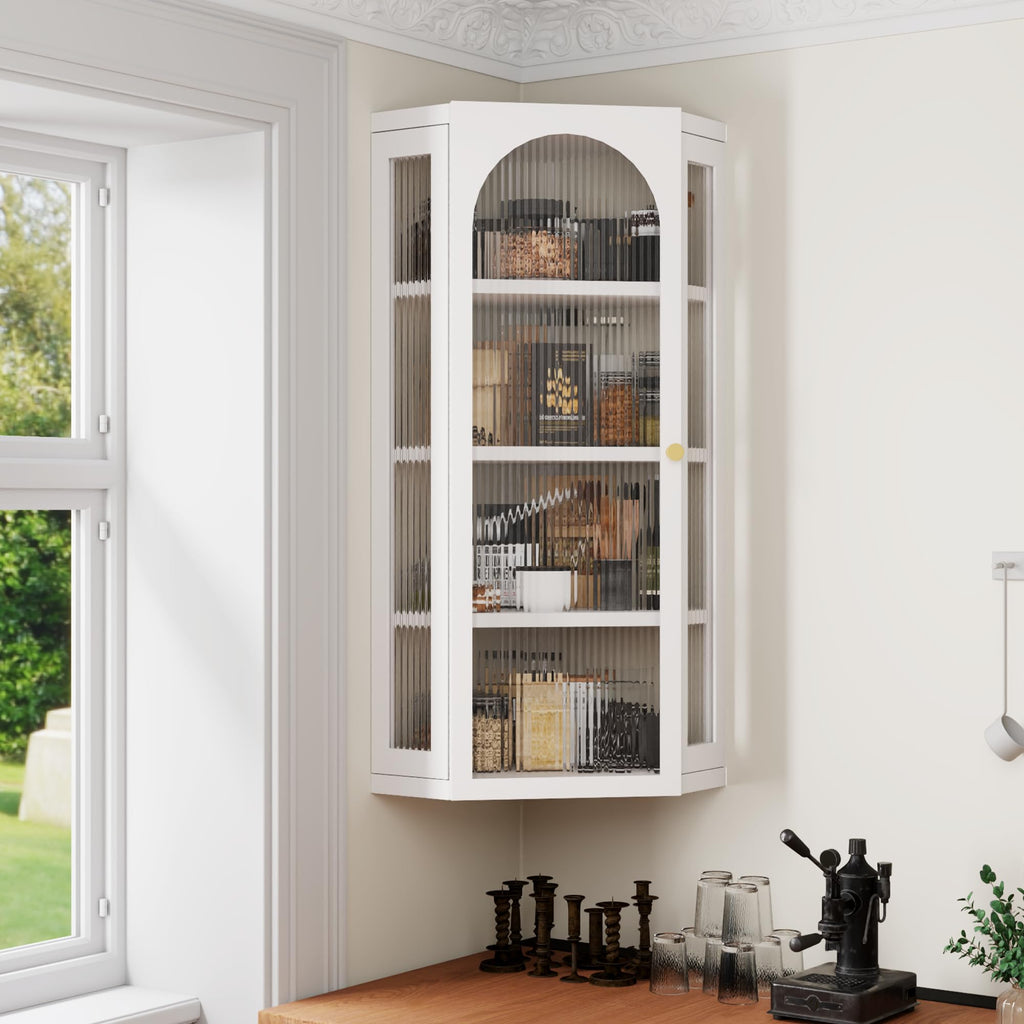 White Metal Corner Wall Cabinet with Glass Doors and Shelves Q68973