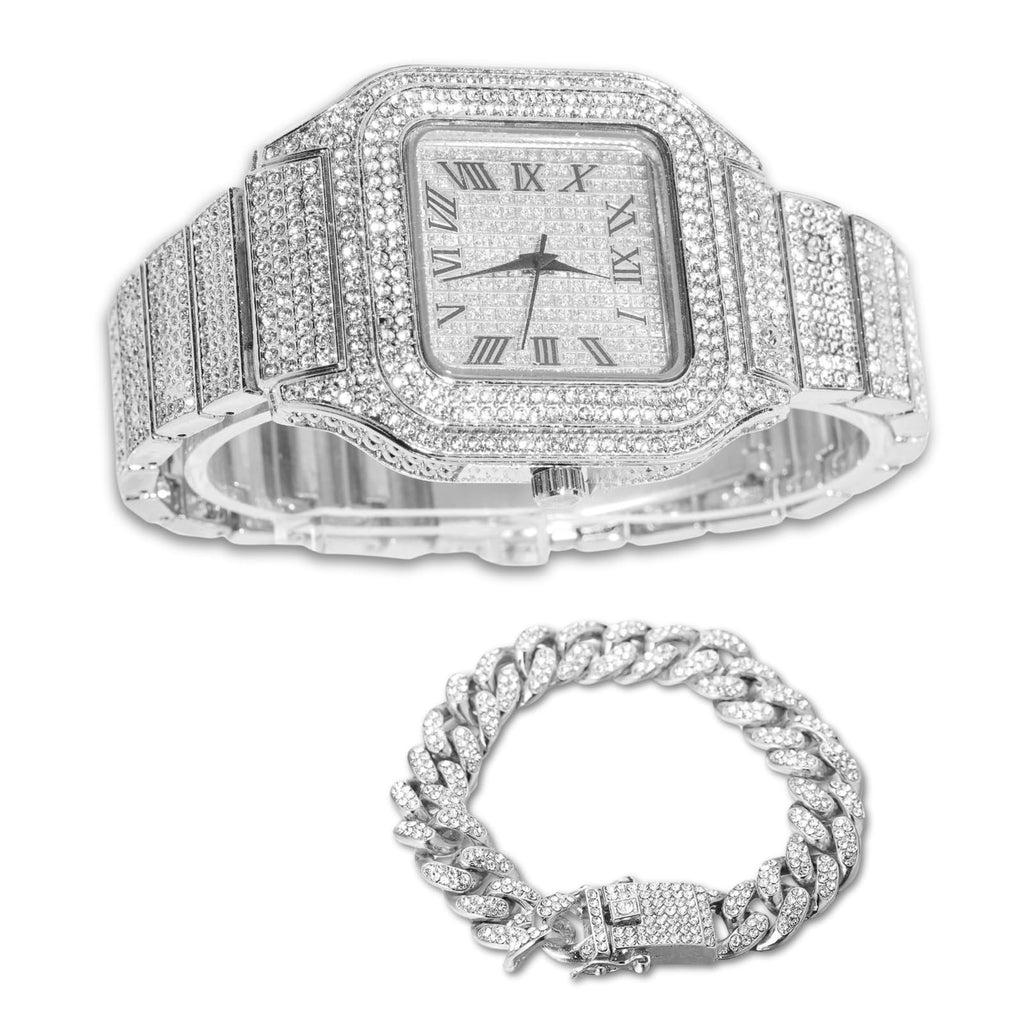 Men's Watch 18K Gold Platinum Plated 40MM Square Dial Diamond Wristband M342686