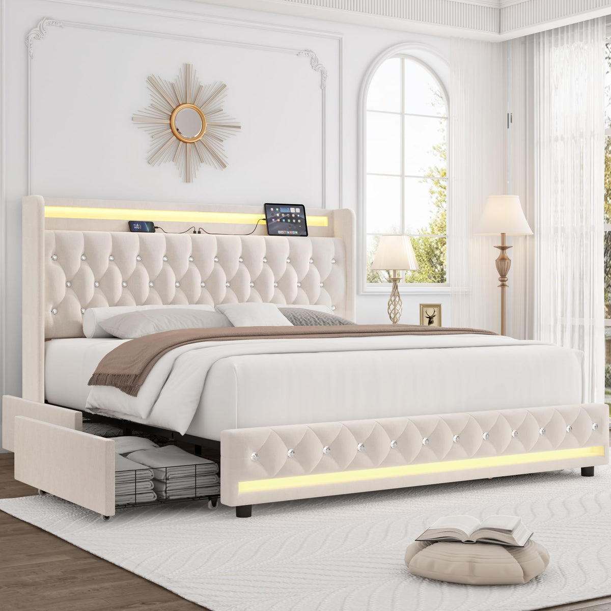 Beige Upholstered Full LED Bed Frame with Storage N979