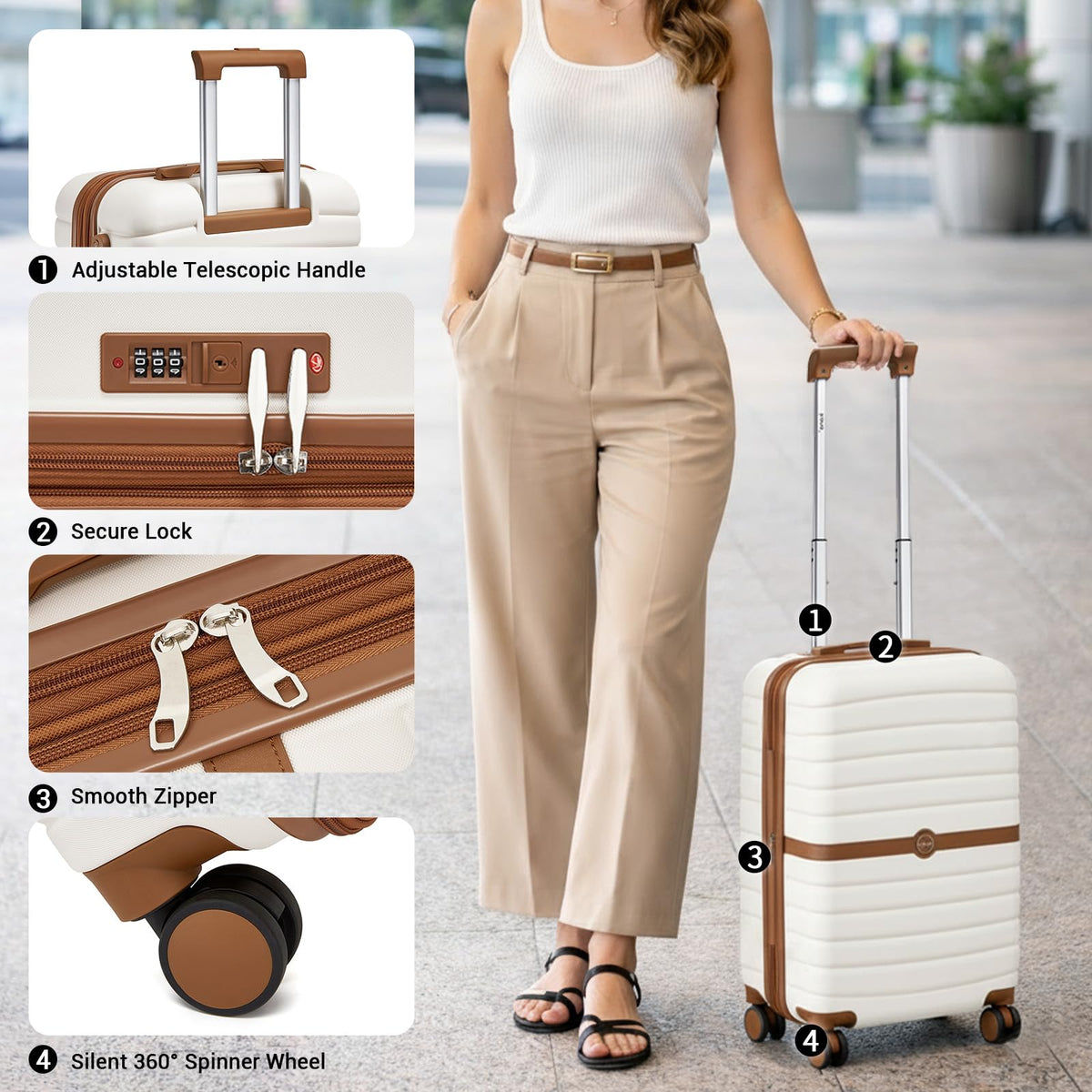 Expandable Carry On Luggage with Spinner Wheels, 20 Inch Hardshell Suitcase with Lock, White/Brown M14299