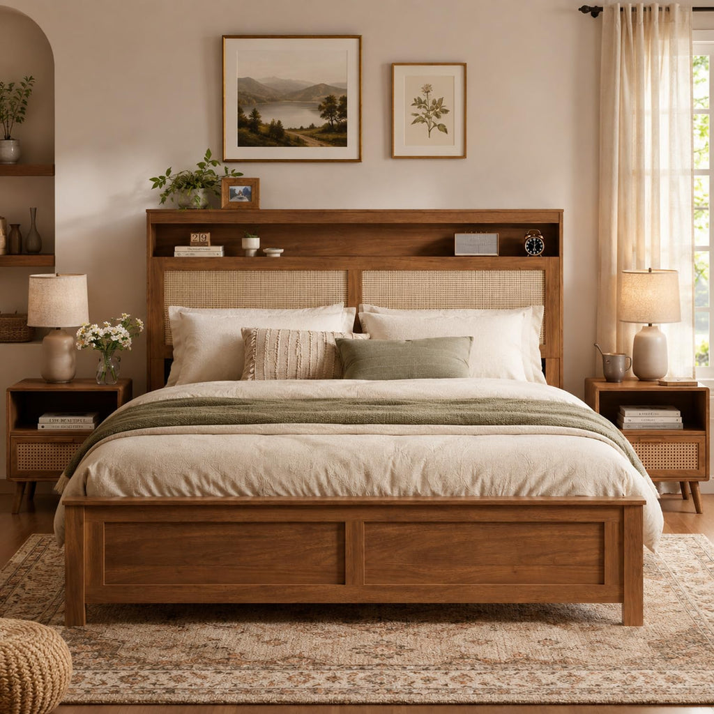 Brown Queen Wood Bed Frame with Storage Headboard K292