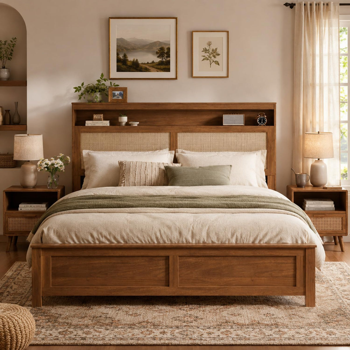 Brown Queen Wood Bed Frame with Storage Headboard K292