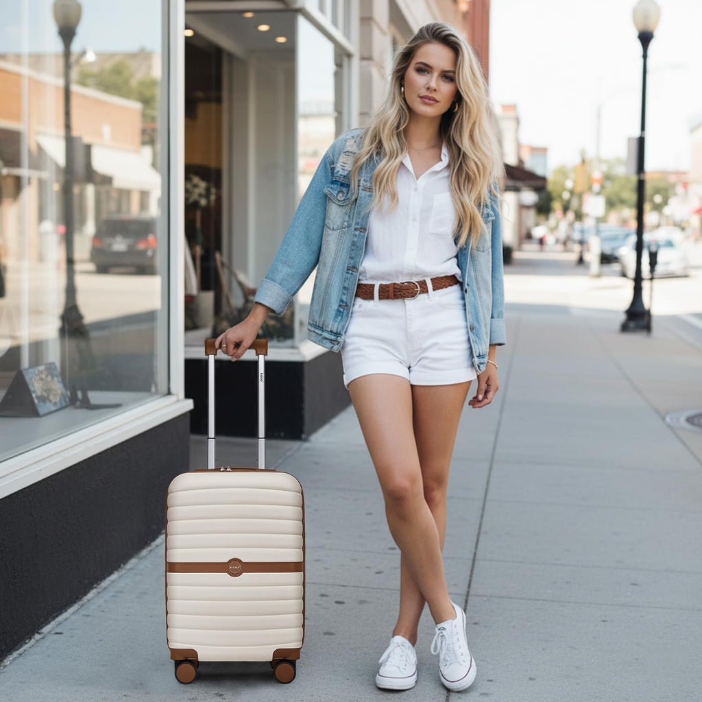 Expandable Carry On Luggage with Spinner Wheels, 20 Inch Hardshell Suitcase with Lock, White/Brown M14299