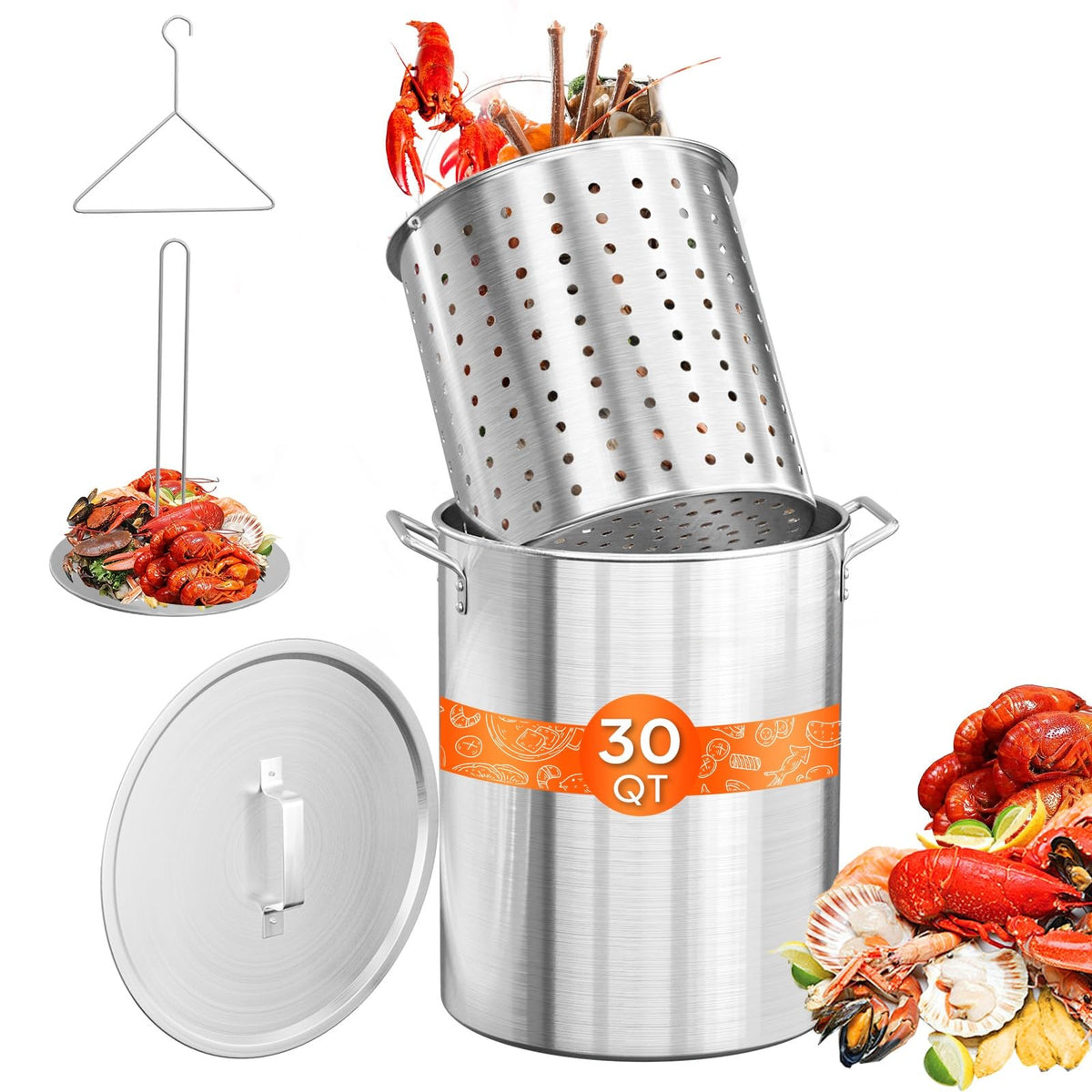 30QT Aluminum Turkey Fryer Pot & Seafood Boil Pot with Strainer Basket E6126