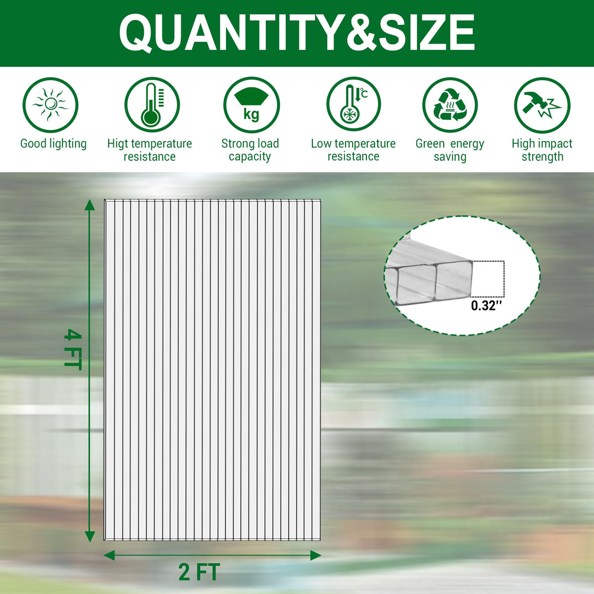 12 PCS Polycarbonate Greenhouse Panels 4' x 2' x 0.32'' N416
