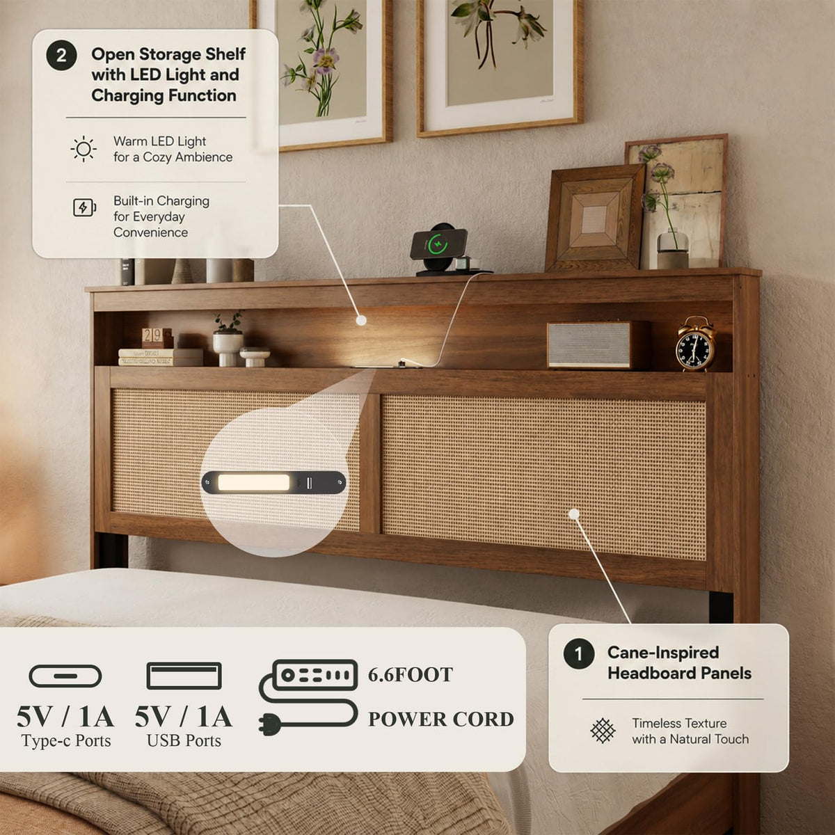 Brown Queen Wood Bed Frame with Storage Headboard K292