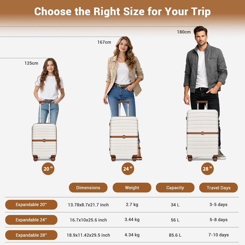 Expandable Carry On Luggage with Spinner Wheels, 20 Inch Hardshell Suitcase with Lock, White/Brown M14299