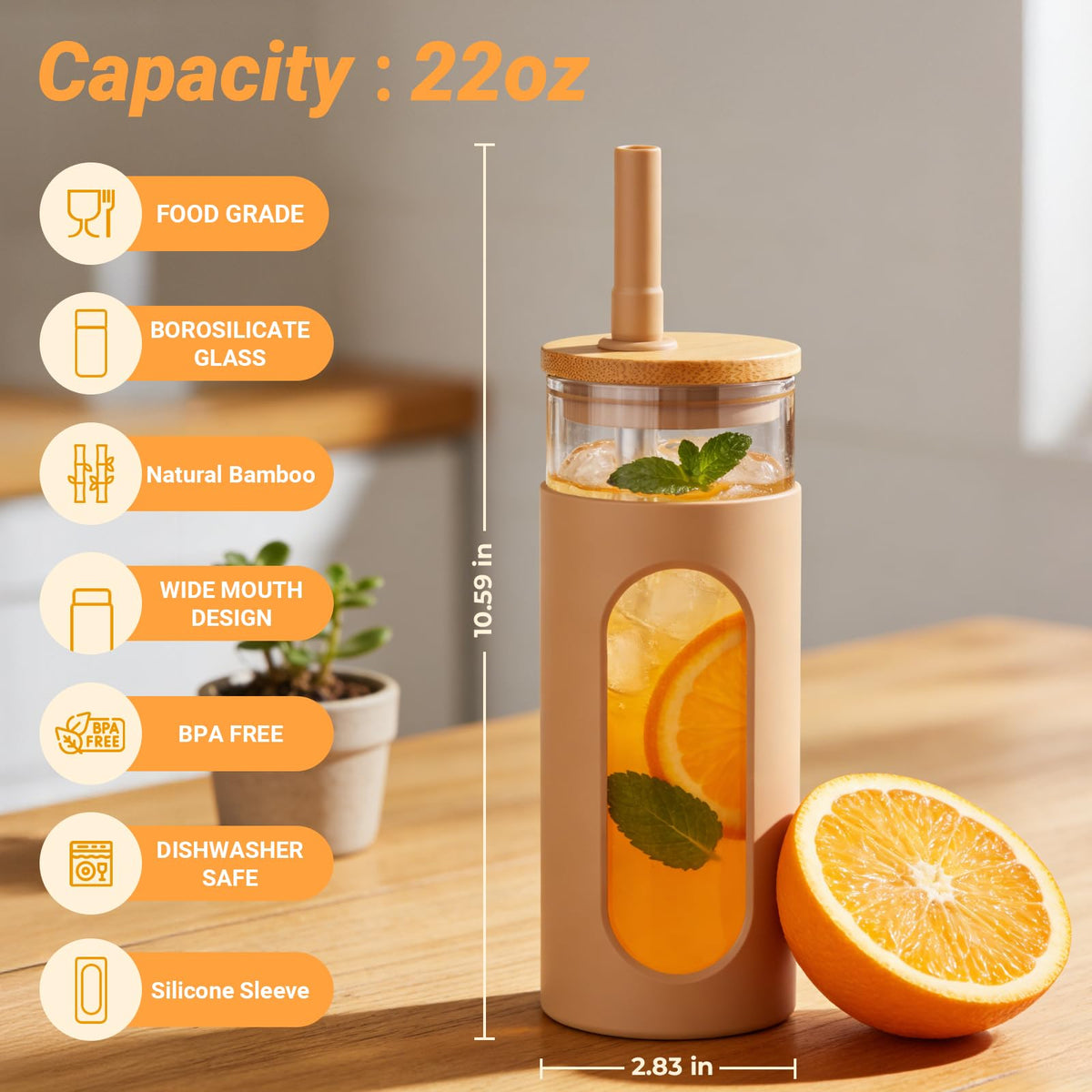 22 oz Glass Tumbler with Lid & Straw O229