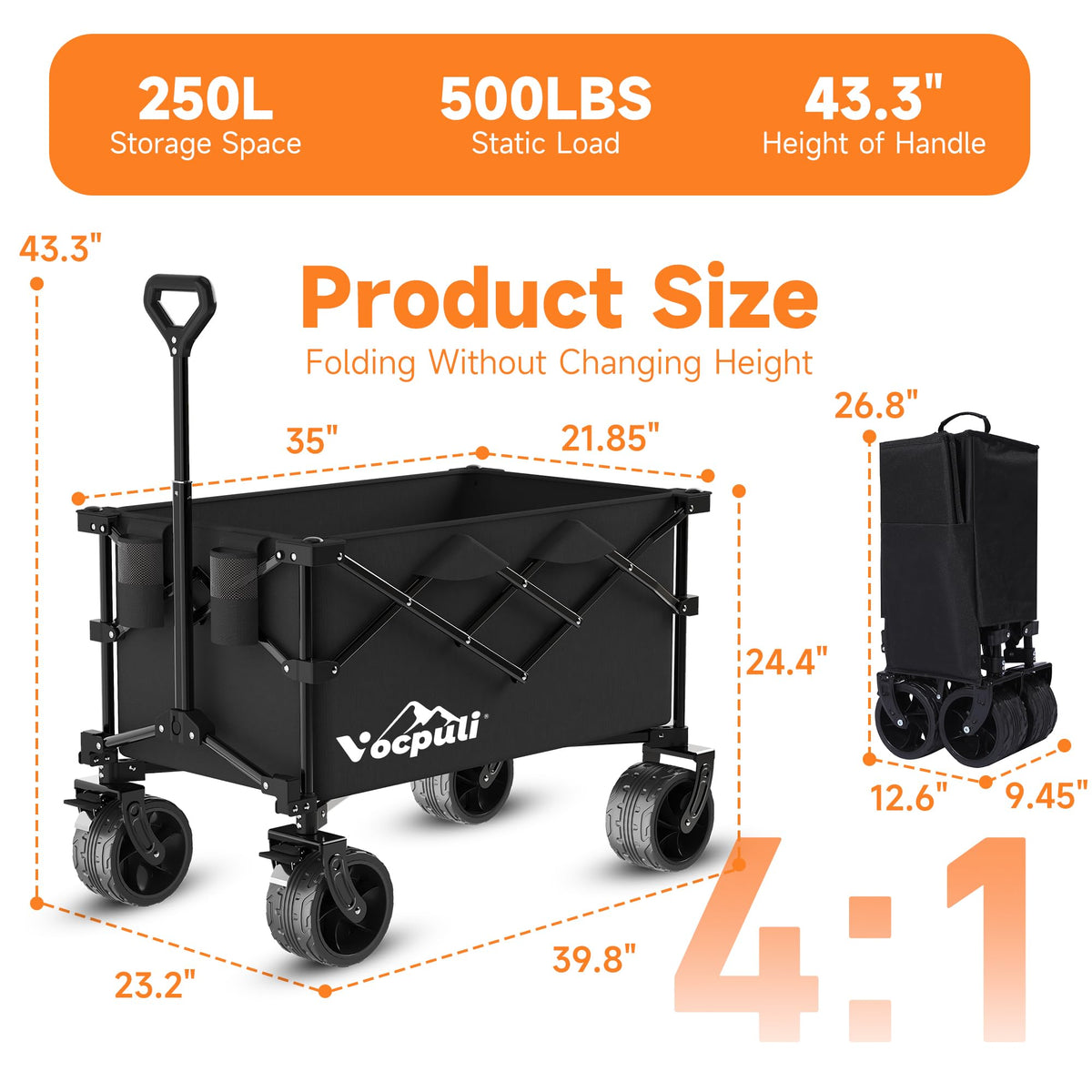 40" Black Collapsible Wagon Cart 500lbs 250L M256