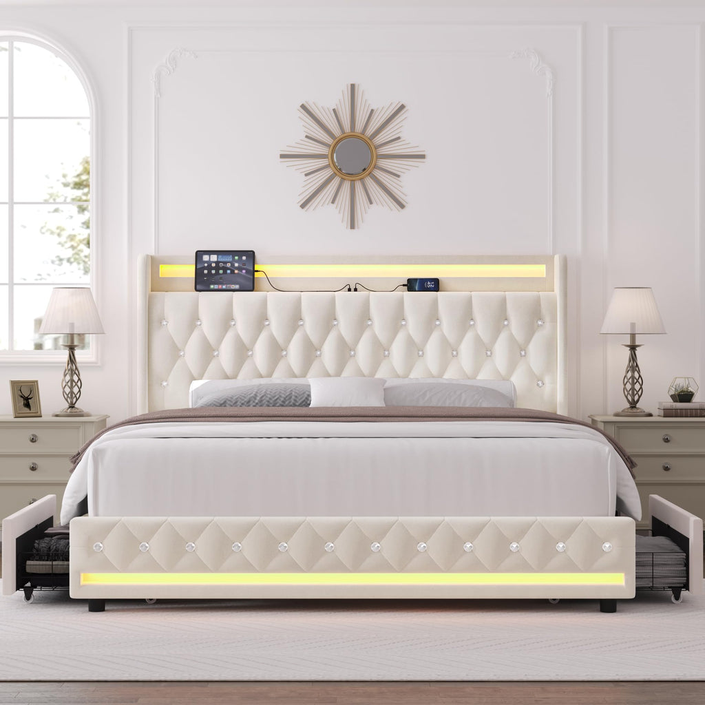 Beige Upholstered Full LED Bed Frame with Storage N979