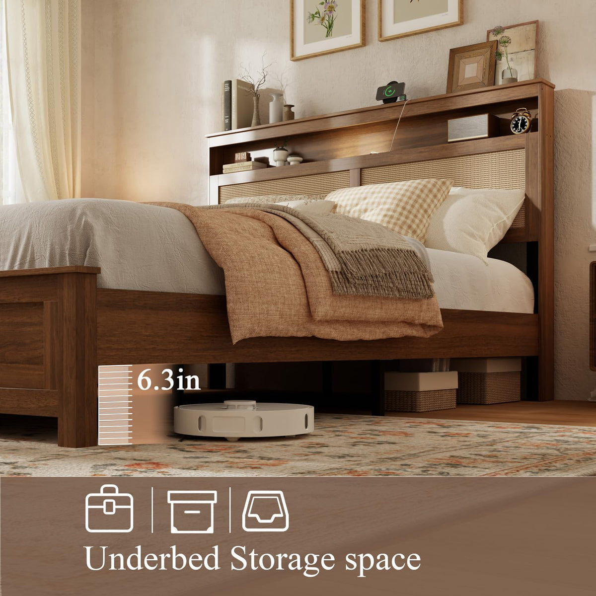 Brown Queen Wood Bed Frame with Storage Headboard K292