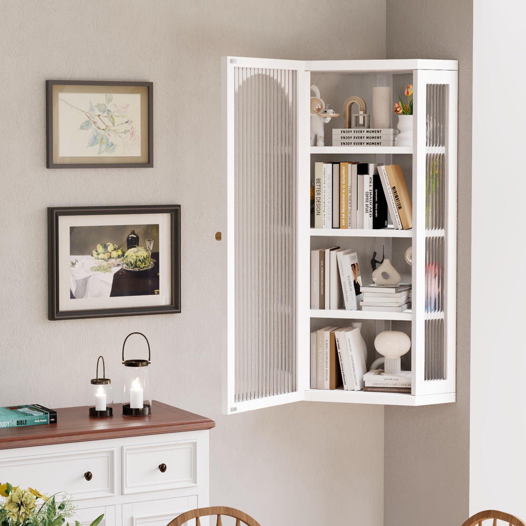 White Metal Corner Wall Cabinet with Glass Doors and Shelves Q68973
