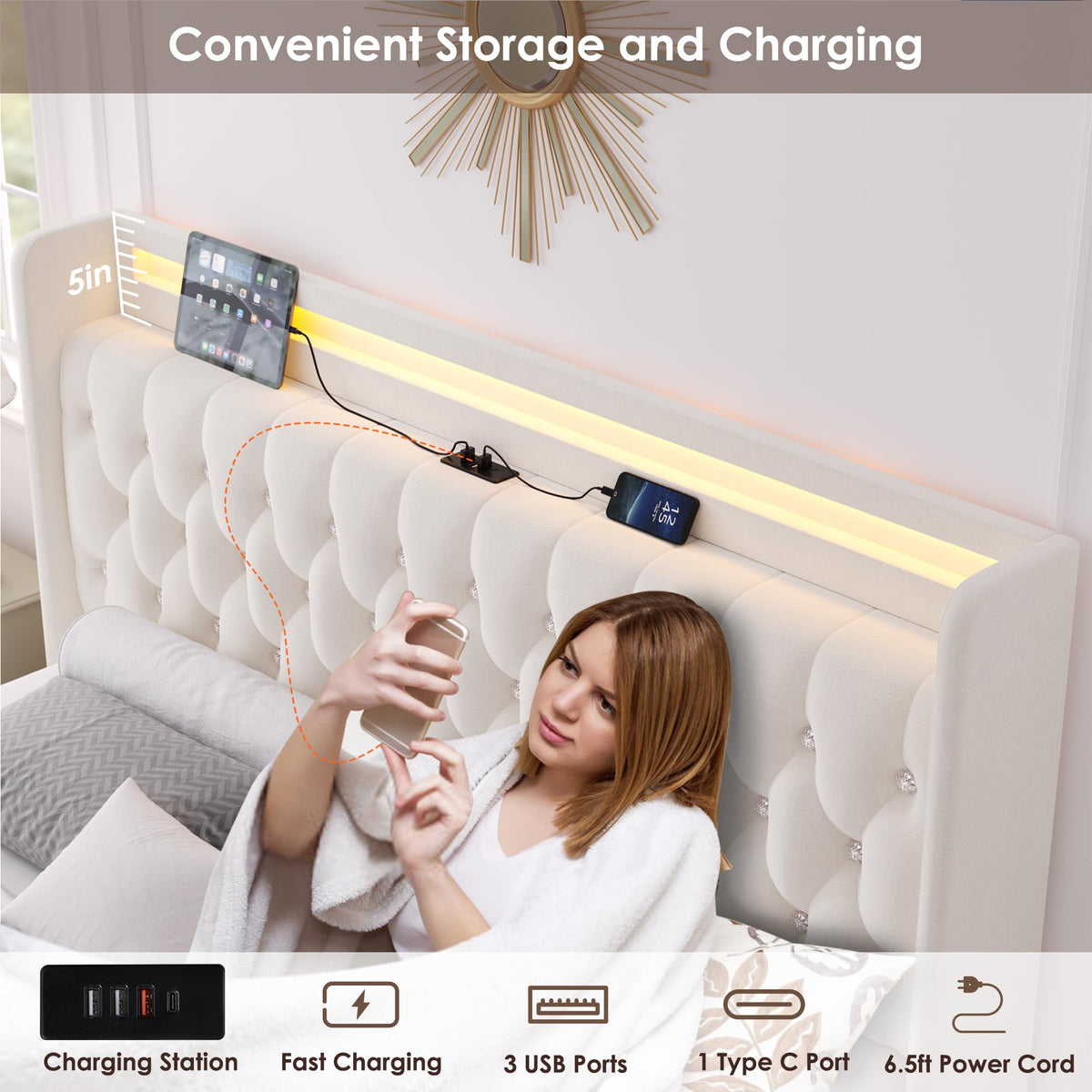Beige Upholstered Full LED Bed Frame with Storage N979