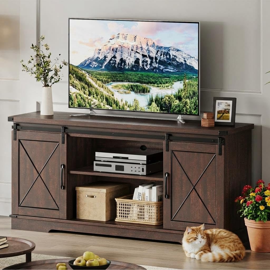 Farmhouse TV Stand with Sliding Barn Doors J793550