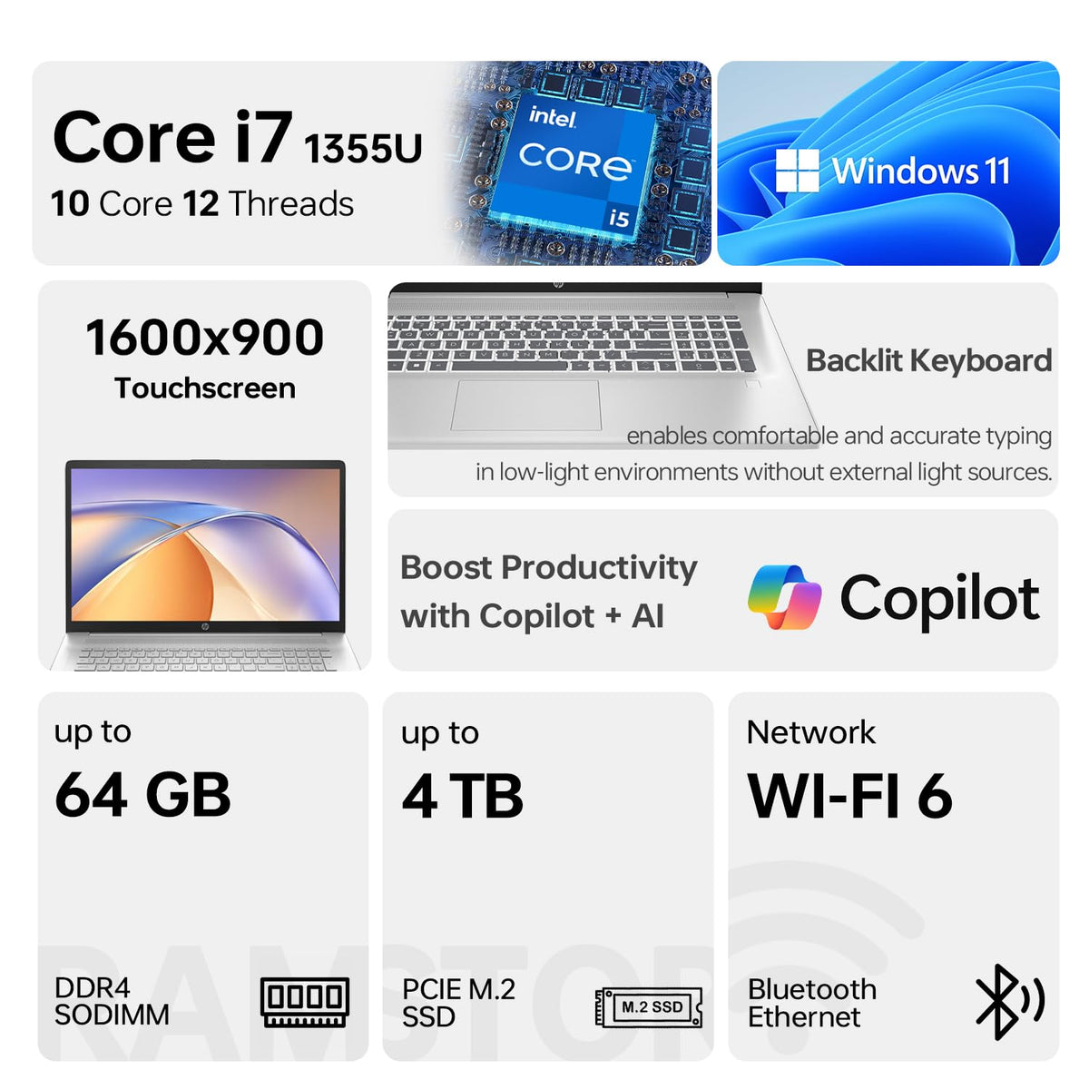 17.3" HD+ Touchscreen Laptop, Intel Core i7, 32GB RAM, 1TB SSD, Silver D943