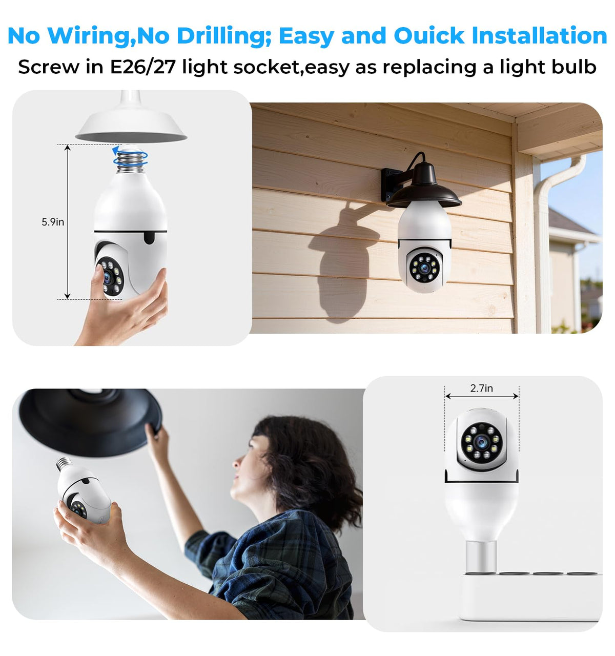2K 5GHz & 2.4GHz WiFi Light Bulb Security Camera 360° PTZ C63448