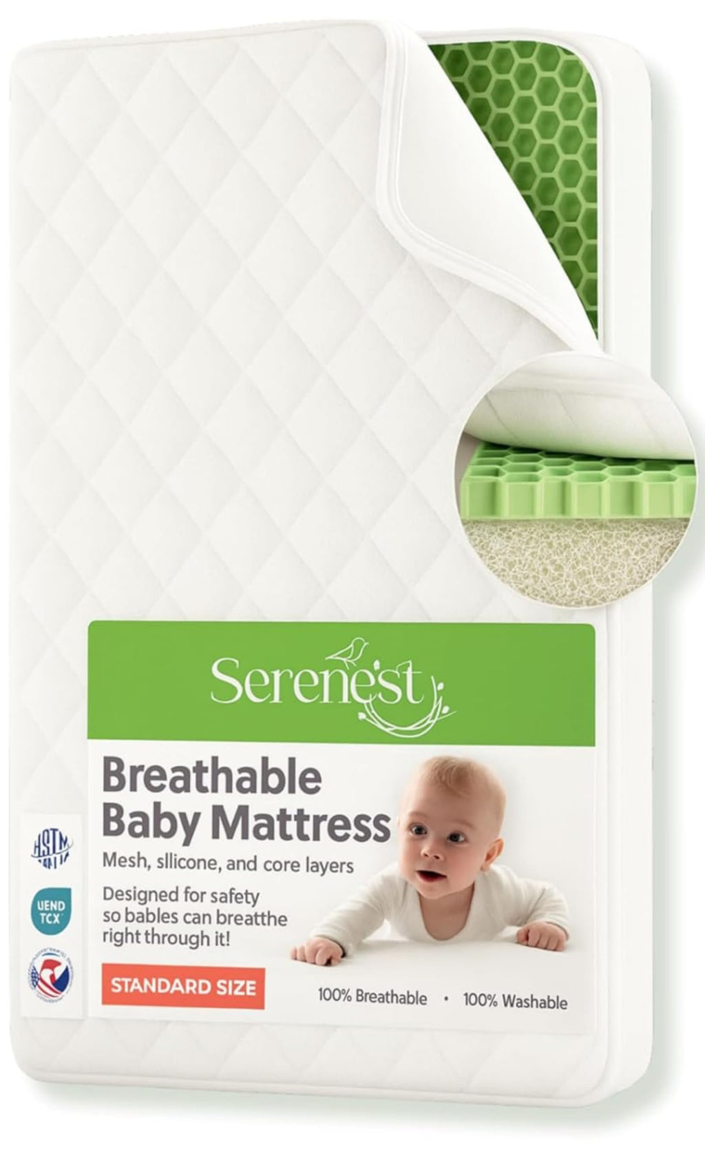 Breathable Baby Crib Mattress & Toddler Bed, Washable, Waterproof, Non-Toxic, Standard Size B2130