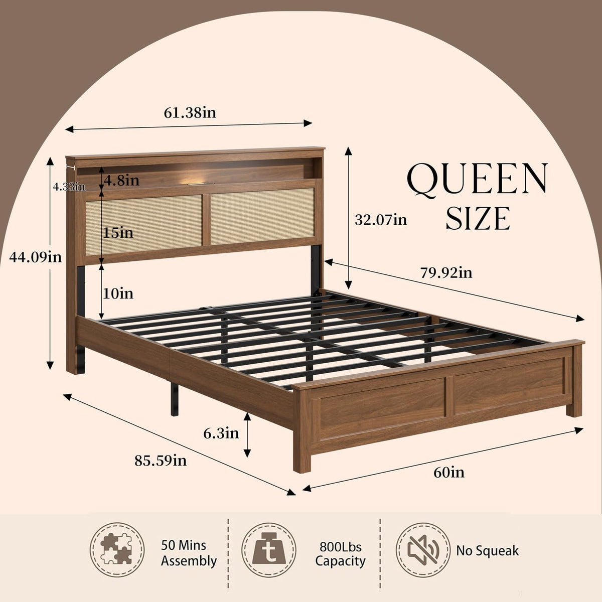 Brown Queen Wood Bed Frame with Storage Headboard K292