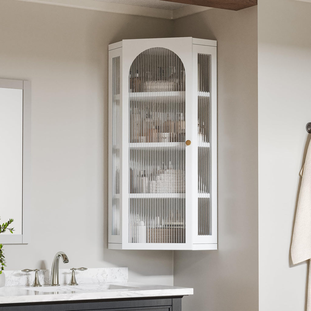 White Metal Corner Wall Cabinet with Glass Doors and Shelves Q68973