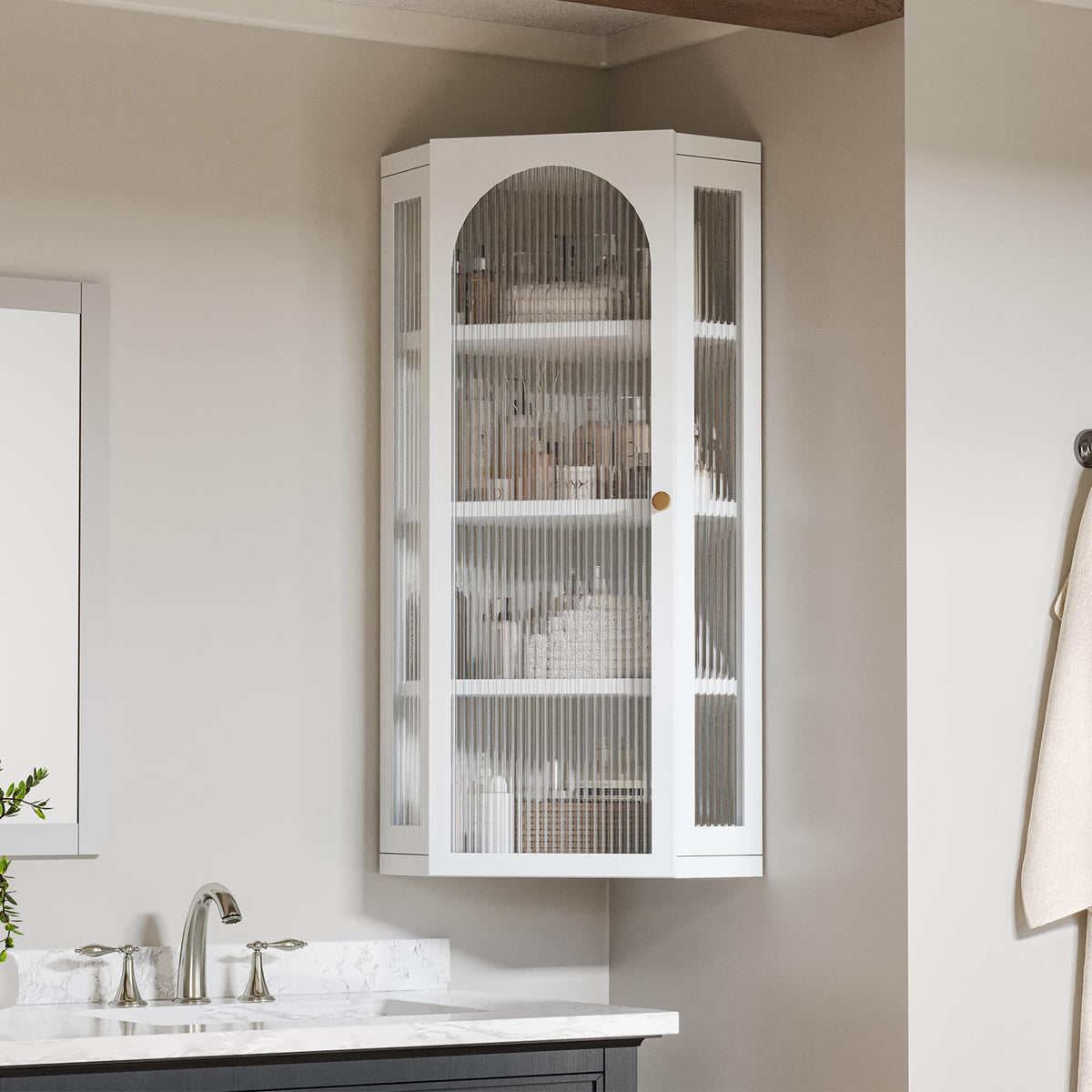 White Metal Corner Wall Cabinet with Glass Doors and Shelves Q68973