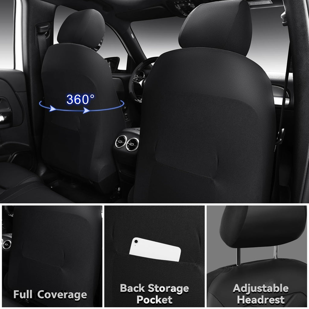 Water Resistant Faux Leather Seat Covers Full Set with Lumbar Support Solid Black O708