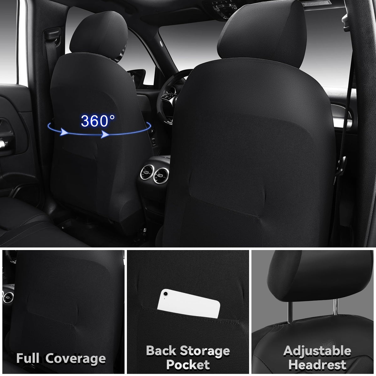 Water Resistant Faux Leather Seat Covers Full Set with Lumbar Support Solid Black O708