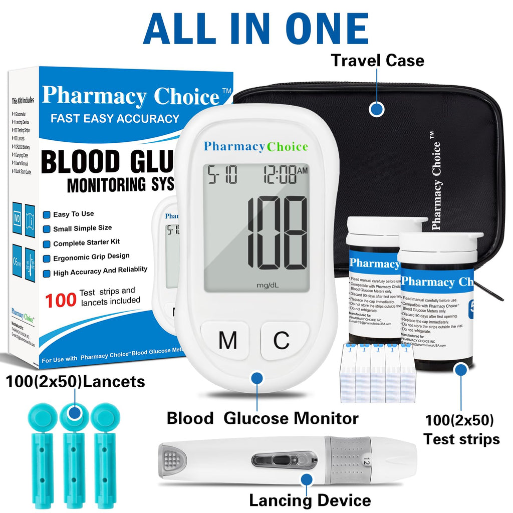 Blood Glucose Monitor Kit, 100 Strips, Meter, Lancing Device Z869