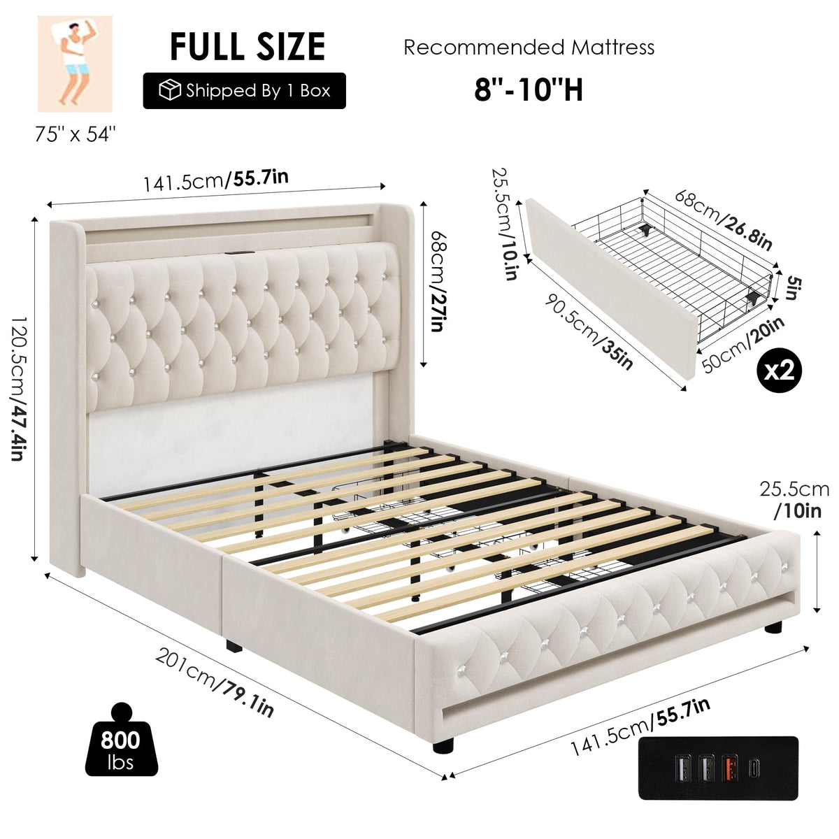 Beige Upholstered Full LED Bed Frame with Storage N979