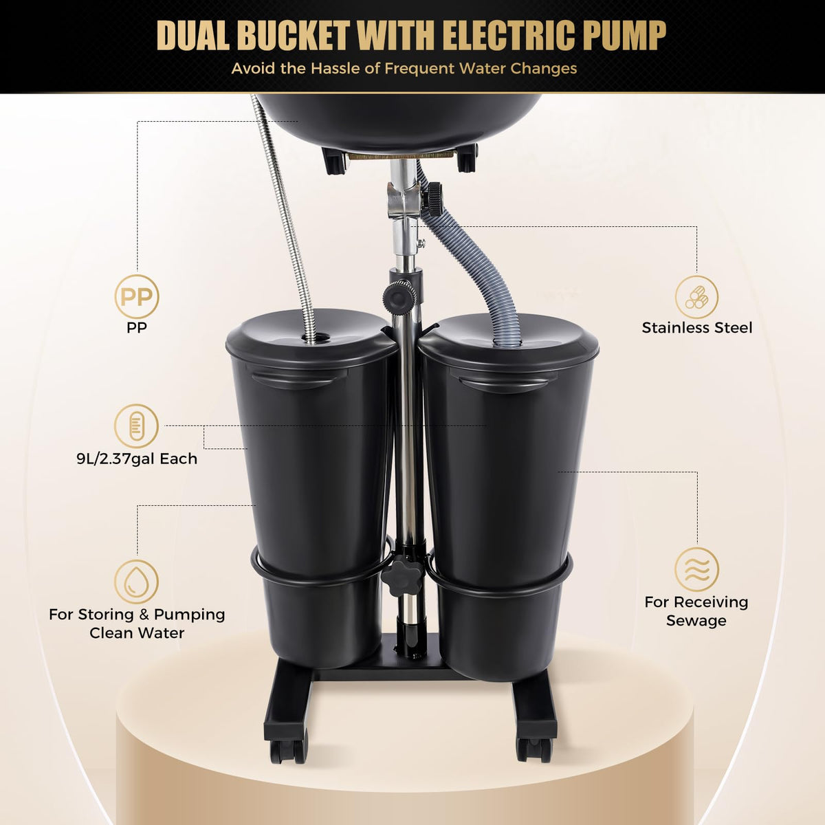 Portable Shampoo Basin with 2 Water Buckets Black O404