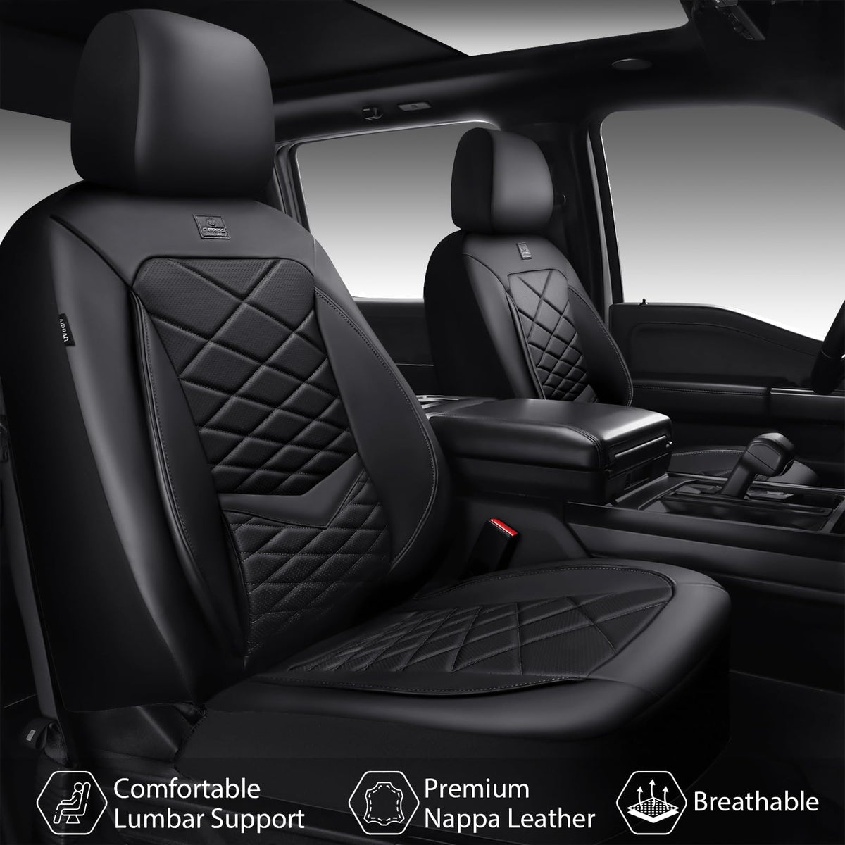 Water Resistant Faux Leather Seat Covers Full Set with Lumbar Support Solid Black O708