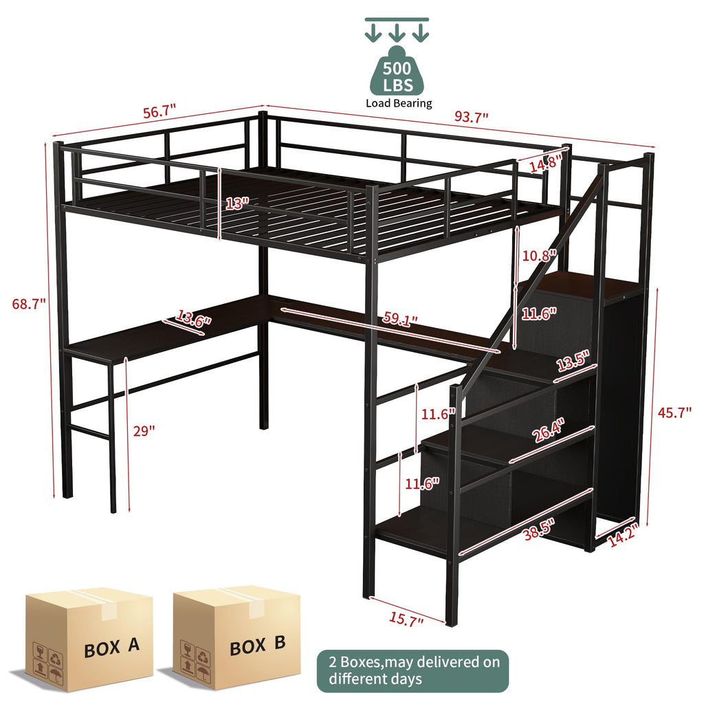Full Size Metal Loft Bed with Desk & Storage Staircase D660102