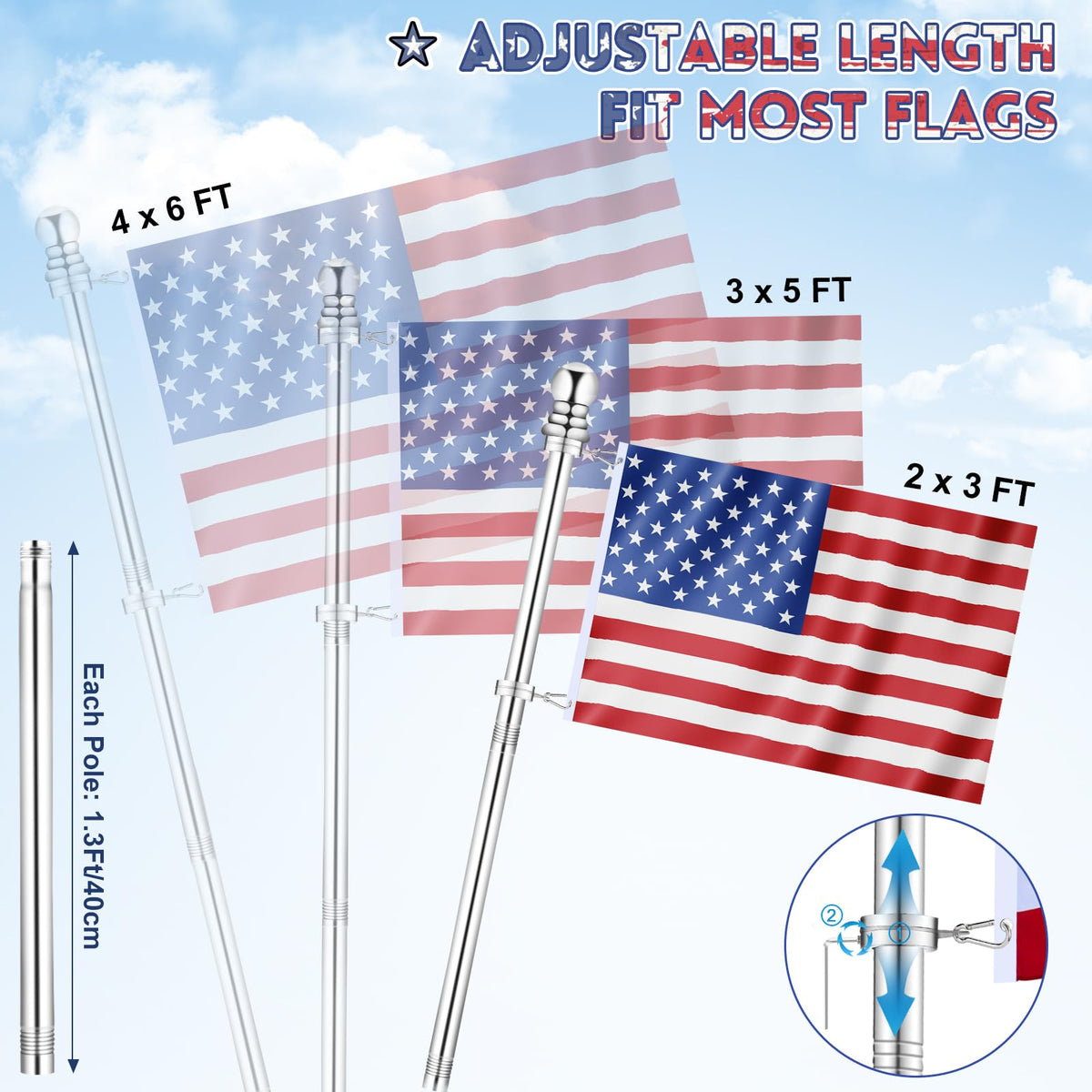 5 FT Stainless Steel Tangle Free Flag Pole D403