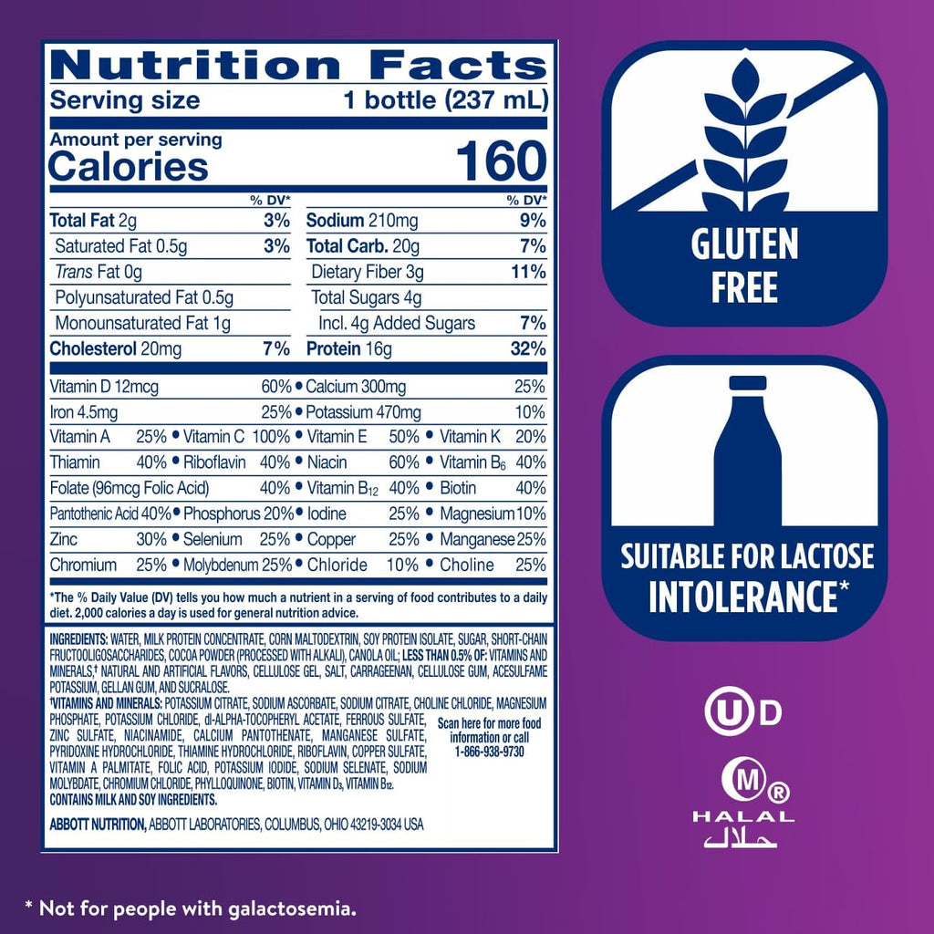 Chocolate Nutrition Shake with Fiber, 16g Protein, 8 fl oz, 24 Pack E50689
