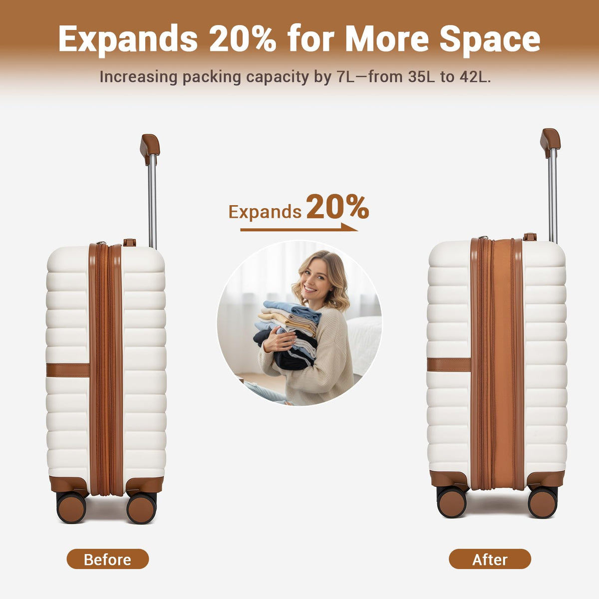 Expandable Carry On Luggage with Spinner Wheels, 20 Inch Hardshell Suitcase with Lock, White/Brown M14299