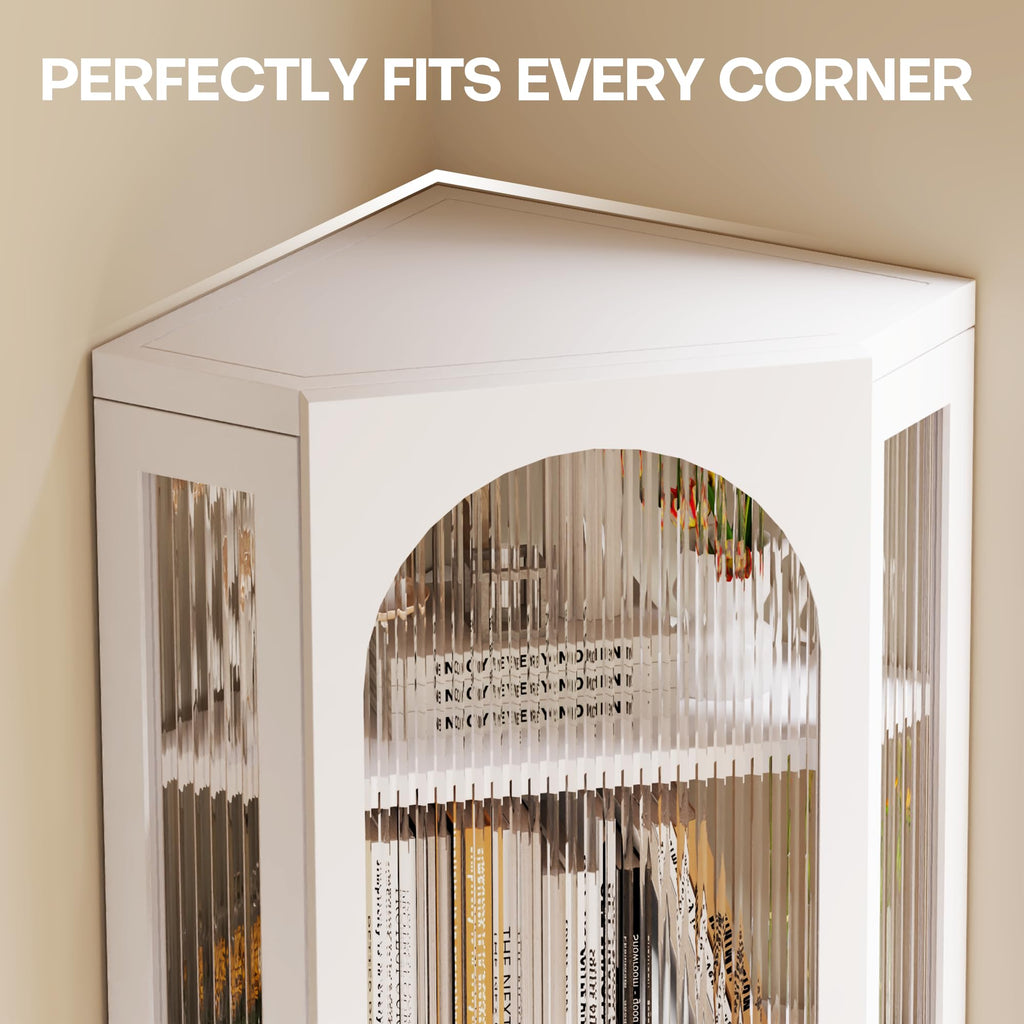 White Metal Corner Wall Cabinet with Glass Doors and Shelves Q68973