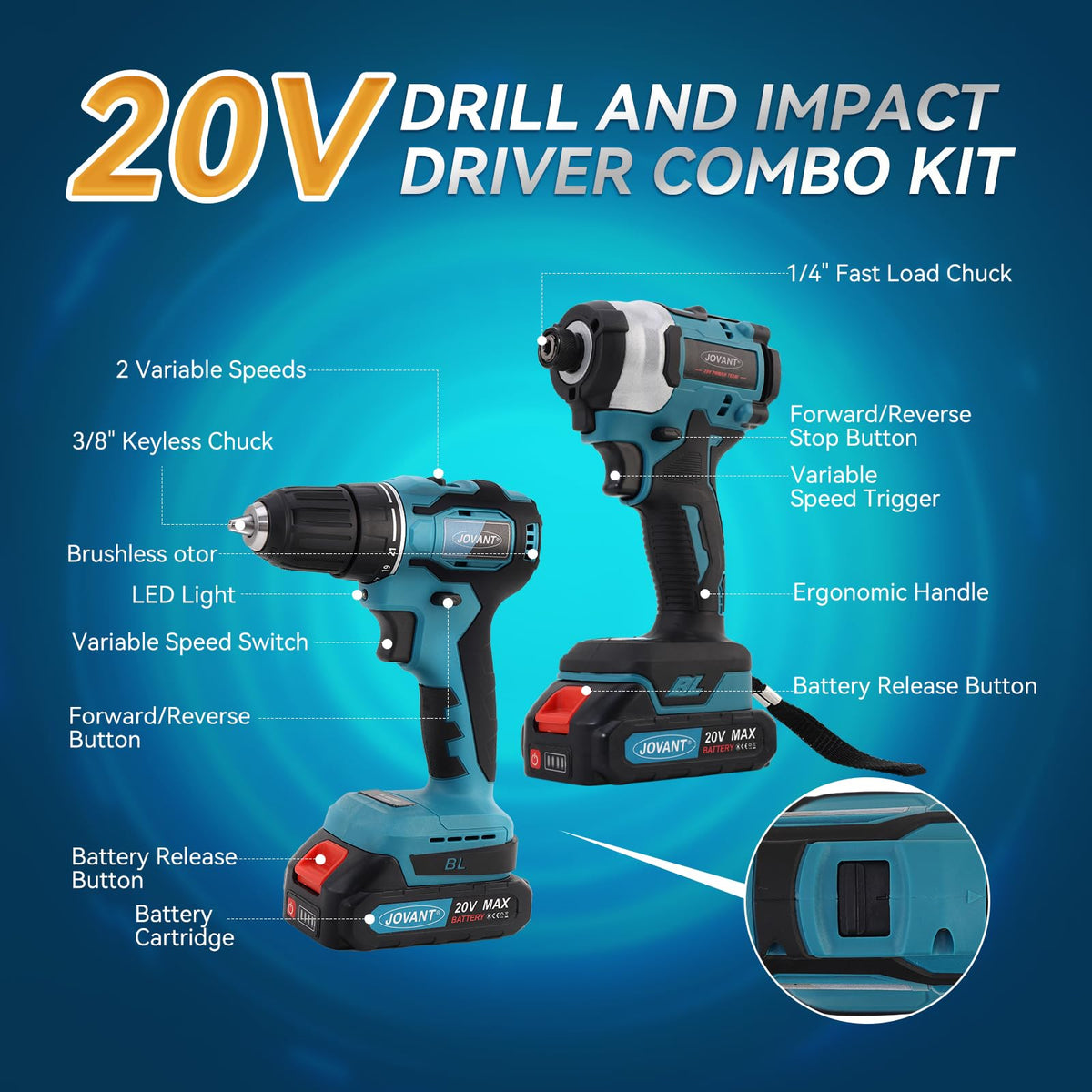 Cordless Drill and Impact Driver Combo Kit with 2 Batteries O374552