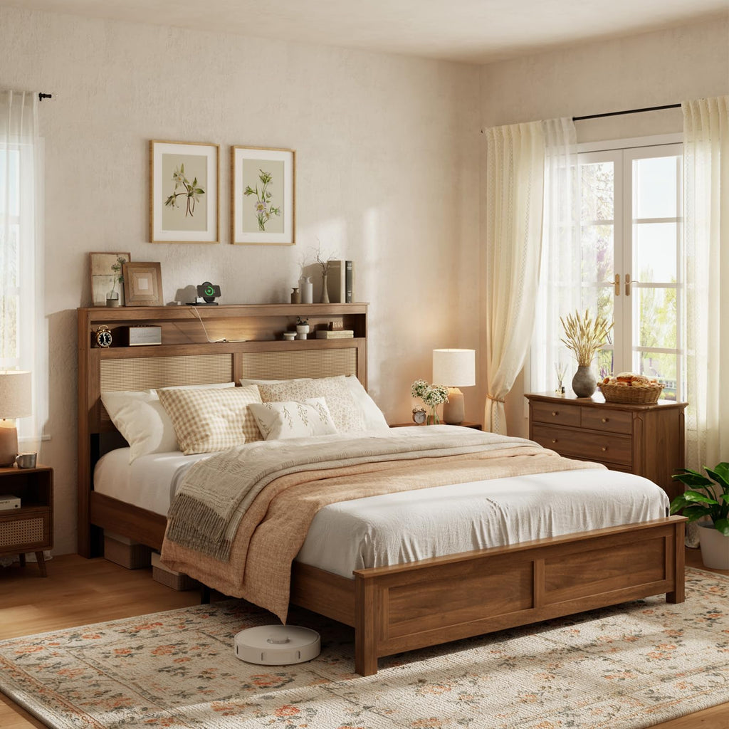 Brown Queen Wood Bed Frame with Storage Headboard K292