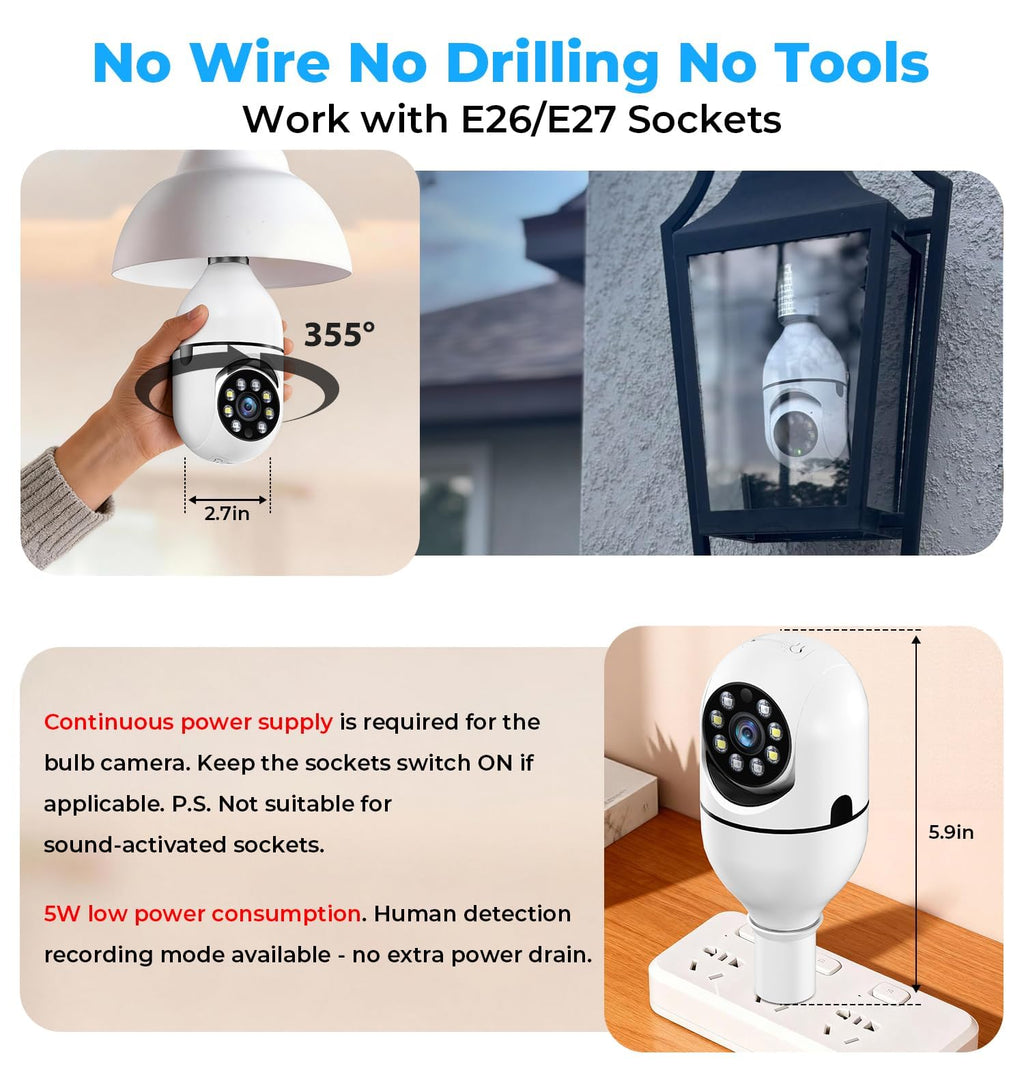 2K 5GHz & 2.4GHz WiFi Light Bulb Security Camera 360° PTZ C63448
