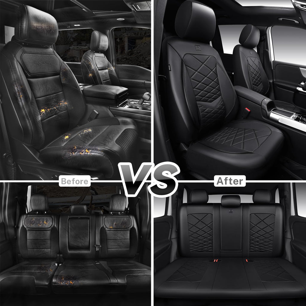 Water Resistant Faux Leather Seat Covers Full Set with Lumbar Support Solid Black O708